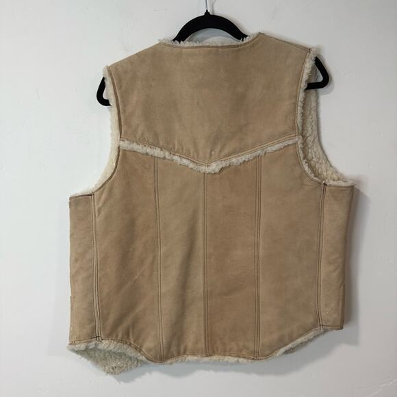Wrangler Unisex Vintage Suede Vest Western Snap Sherpa Lined Tan - Picture 2 of 8